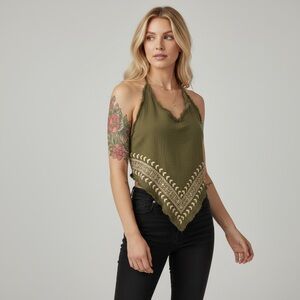 Green White Raw Cotton Backless Halter Top